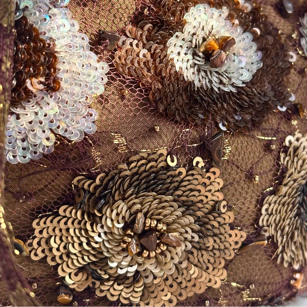 SANTI Y2K Brown Silk Beaded Sequin Tiger’s Eye Evening Luxury Hand Bag‎